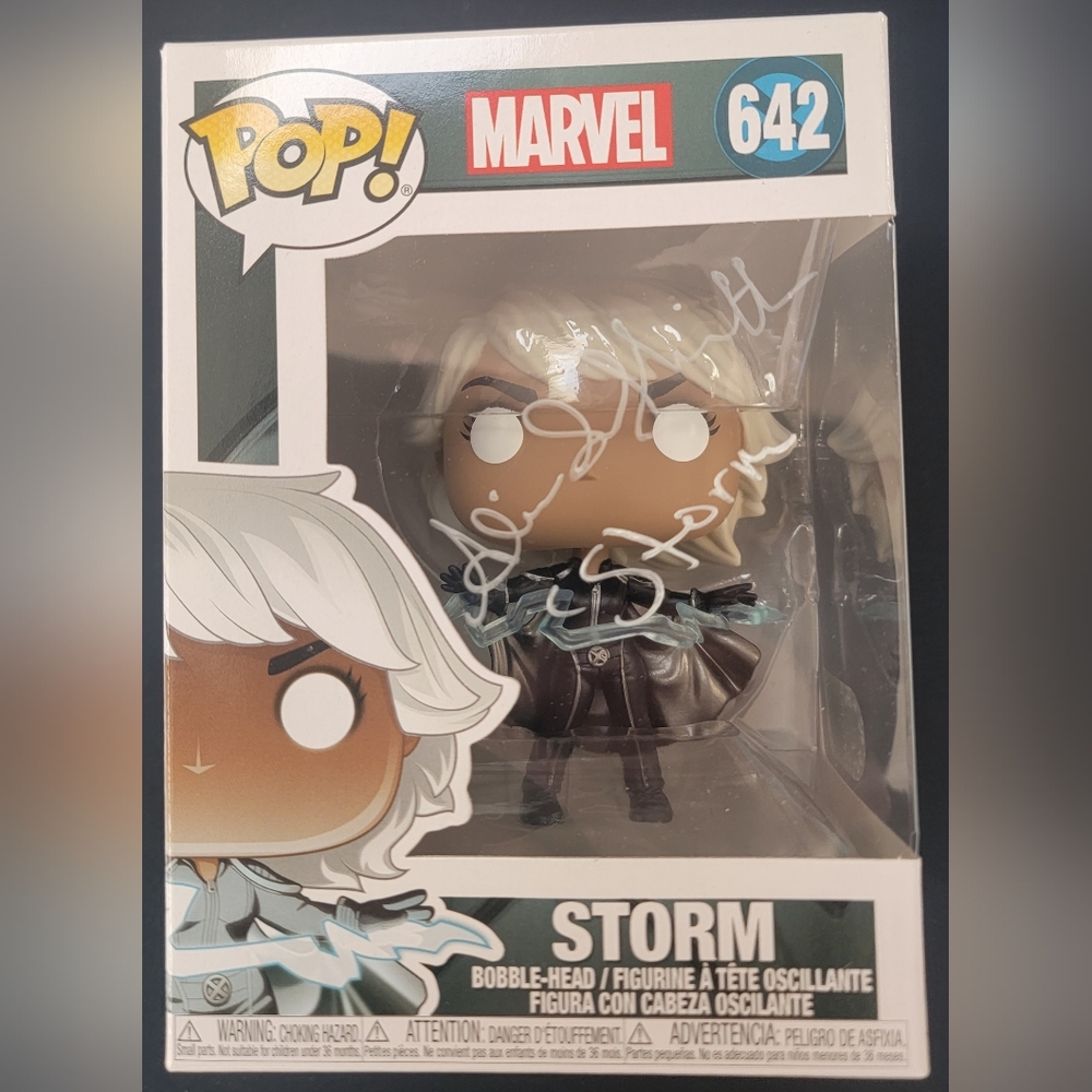 Alison Sealy-Smith signed Storm Marvel Funko Pop #642 with Storm inscription.